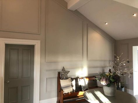 Wainscoting On Vaulted Wall, Attic Room Paneling, Wall Panelling Sloped Ceiling, Molding On Slanted Walls, Wall Paneling Sloped Ceiling, Trim On Slanted Wall, Angled Wall Panelling, Paneling On Angled Wall, Wainscoting Slanted Ceiling