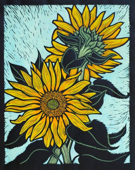 Sunflower, print by Rachel Newling Linocut Printmaking, Linocut Art, Woodcuts Prints, Sunflower Art, Wood Engraving, Australian Art, Japanese Paper, Lino Print, Australian Artists