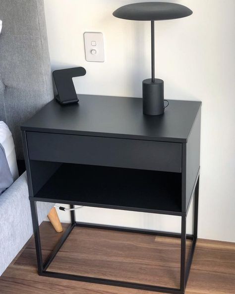 Vikhammer bedside tables -ikea Men’s Bedside Table Decor, Side Tables Bedroom Black, Ikea Bed Side Tables, Mens Bedside Table Styling, Black Side Tables Bedroom, Mens Bedside Table, Black Bedside Table Styling, Pedestal Bedroom Side Tables, Ikea Vikhammer Nightstand