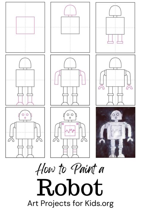 Learn how to draw and paint a Robot with an easy step-by-step PDF tutorial. #howtodraw #tutorial #drawing #drawingtutorial #arttutorial #artprojectsforkids #howtodrawforkids #robot How To Draw A Robot, How To Draw Robots, Robot Tutorial, Robot Coloring, Valentines Robots, Robot Drawing, Drawing Legs, Tutorial Drawing, 2nd Grade Art