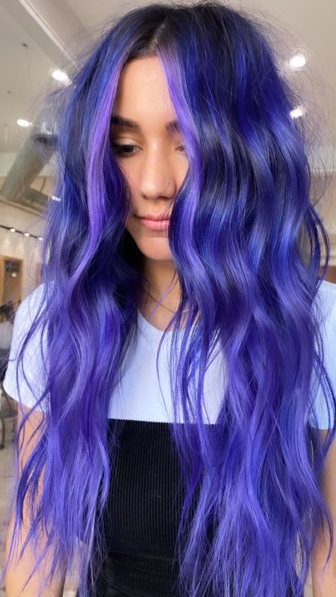 Purple Vivid Hair Color, Dyed Hair Wavy, Purple Split Dyed Hair, Purple Hair Dark Roots, Purple Hair Costume Ideas, Summer Vivid Hair Color, Fun Hair Color Ideas For Summer, Vivids Haircolor, Summer Hair Dye Ideas