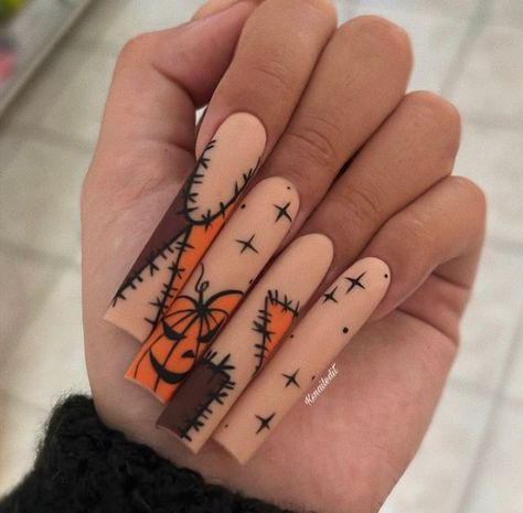 Patchwork Nails Halloween, Tan Halloween Nails, Holloween Nails Acrylic Simple, Hollween Theme Nails, Fall Patchwork Nails, Spooky Szn Nails, Celebratory Nails, Hollowed Nails, Cna Nails