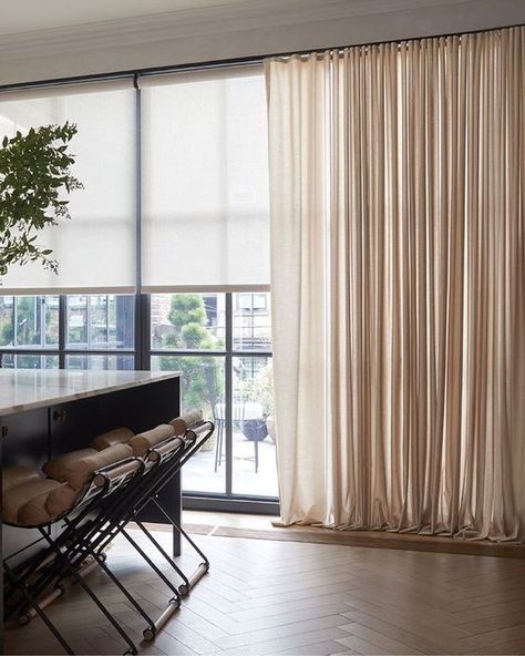 Sheers Curtains Living Room Modern, Ripple Fold Drapery Modern, Home Theater Window Covering, Shades And Curtains Together Living Room, Modern Contemporary Window Treatments, Large Slider Window Treatments, Floor To Ceiling Window Treatments, Modern Organic Window Treatments, Condo Window Treatments