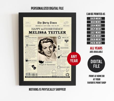 14.00 USD

66th birthday gift for men or women, 1956 birthday poster, 66th Birthday Newspaper Poster Sign PRINTABLE, back in 1957, 66th birthday ideas

66th birthday ideas for 1957 birthday celebration. This is a vintage look newspaper includes news, cost of living, sports highlights and other funny facts from year you we born. Here are some great ideas for kids, teens, or adults.

For more 66th Birthday poster, please view my shop: https://etsy.me/3E1bFce

It's a super fun keepsake and makes a… 66th Birthday Ideas, Back In 1957, 66th Birthday, Birthday Newspaper, Newspaper Poster, Sports Highlights, Great Presentations, Birthday Poster, Office Max