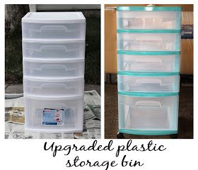 My Crafty Soul: Upgrade those cheap plastic storage bins! How To Paint Plastic, Plastic Drawer Makeover, Paint Plastic, Paint Storage, Painting Plastic, Plastic Storage Bins, Plastic Drawers, Plastic Bins, Craft Room Storage