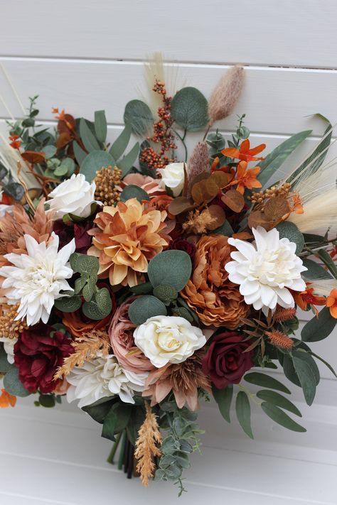 Wine Red And Burnt Orange Wedding, Fall Wedding Bouquets Terracotta, Mums Wedding Bouquet, Fall Western Wedding Bouquets, Fall Wedding Dahlias, Orange Flower Bouquet Wedding, Tall Fall Centerpieces Wedding, Fall Color Wedding Flowers, Fall Floral Bouquets