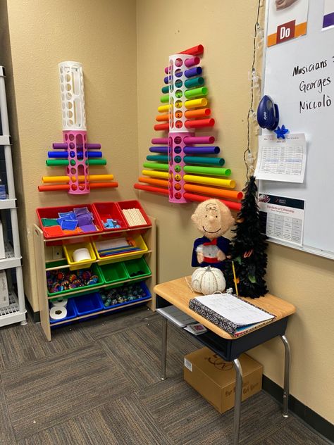 Music Displays Classroom, Boomwhacker Storage, Elementary Music Classroom Setup, Music Classroom Ideas, Music Room Storage, Band Classroom, Boomwhacker Music, Music Classroom Organization, Music Room Organization