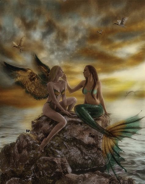 Mermaid And Angel, Lesbian Art, A Rock, The Ocean, Mermaid, Angel, Water, Art