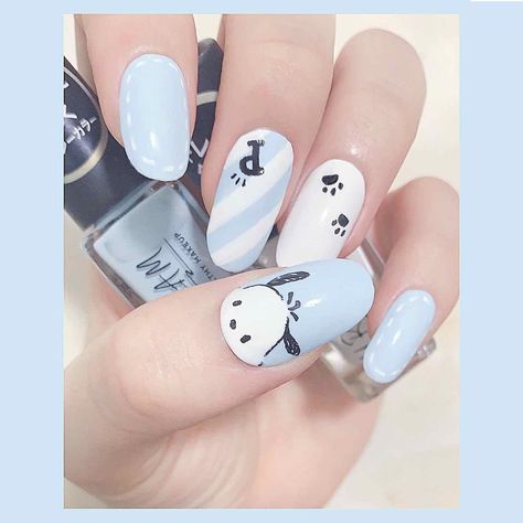 Sanrio Nail Art Pochacco, Pochacco Nail Art, Pochacco Nails, Pastel Nail Design, Cat Nail Designs, Pastel Nails Designs, Bunny Nails, Asian Nails, Hello Nails