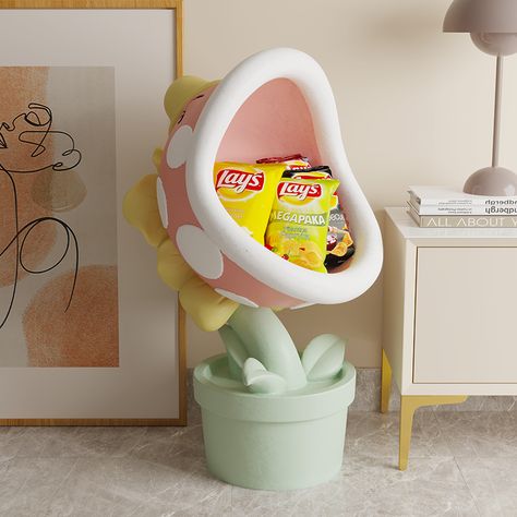 Cartoon big mouth flower statue, sitting room, sofa, large floor decoration, resin crafts Mario Flower, Ceiling Storage, Flower Pot Design, Small Collectibles, Cute Furniture, Decorative Sculpture, Cute Bedroom Decor, Pot Designs, Big Mouth