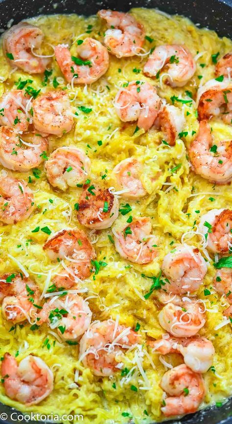 This Creamy Spaghetti Squash with Shrimp is a healthy and delicious alternative to pasta. Full of vegetables and tender shrimp, this dish has all the scrumptious flavor you could want. Shrimp Scampi Spaghetti Squash, Spaghetti Squash With Shrimp, Spaghetti Squash Shrimp Scampi, Creamy Spaghetti Squash, Shrimp Ideas, Best Spaghetti Squash Recipes, Spaghetti Squash Shrimp, Squash Pasta Recipe, Spaghetti Squash Pasta