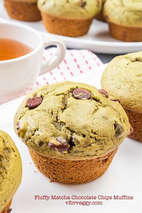 Chocolate Chips Muffins, Matcha Muffins, Homemade Soy Milk, Muffins With Chocolate Chips, Muffins With Chocolate, Chocolate Chip Cupcakes, Chocolate Chip Muffin Recipe, Bright Green Color, Matcha Chocolate