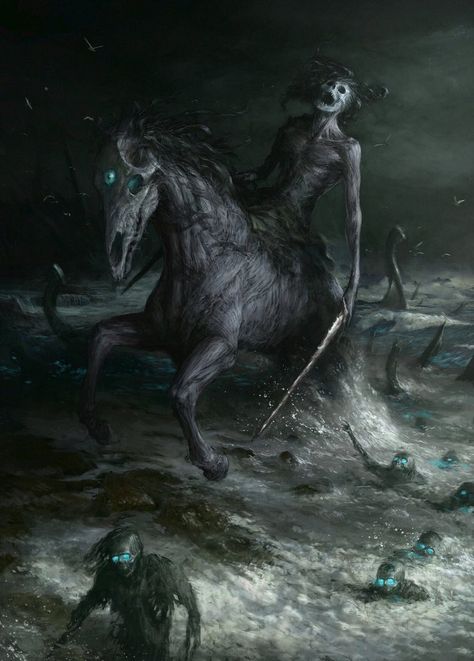 In Celtic mythology, the Nuckelavee is a horse-like demon with a skinless humanoid creature that is fused to it. The breath of this creature is so bad that it can wither entire crops and sicken livestock (Illustration: Artem Demura) Art Sinistre, Art Visionnaire, Dark Creatures, Humanoid Creatures, Art Noir, Celtic Mythology, Skeleton Art, 다크 판타지, Monster Concept Art