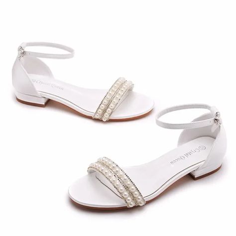 Women Sandals Fashion Sandalias String Bead Silk 2CM Flat Heels Buckle Strap Pearl Women's Shoes White Wedding Shoes Flats, Square Heels, Modern Sandals, Sleeveless Dresses Casual, Wedding Shoes Flats, Bridal Sandals, Beaded Sandals, Wedding Sandals, White Silk