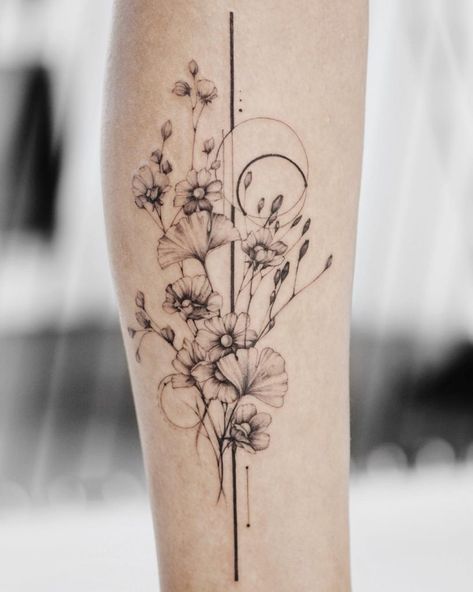 Wildflowers and pure lines tattooed on the calf Gladiolus Tattoo, Delicate Flower Tattoo, Simple Flower Tattoo, Wildflower Tattoo, Inspiration Tattoos, Birth Flower Tattoos, Flower Tattoo Sleeve, Botanical Tattoo, Flower Black