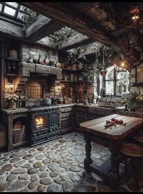 Medieval Style Home, Medieval Kitchen Aesthetic, Medieval Home Aesthetic, Castle Kitchen Aesthetic, Cottage Interiors Kitchen, Medieval Interior Design, Medieval Farmhouse, Medieval Interior, Medieval Cottage