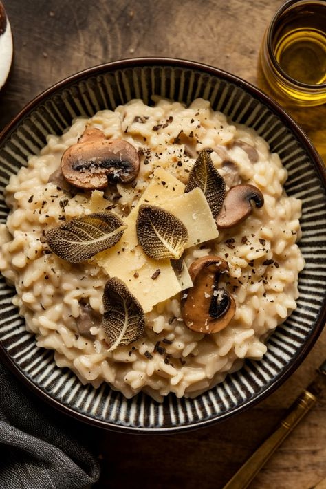 Indulge in a rich and decadent meal with this Truffle-Infused Mushroom Risotto topped with Crispy Sage. Perfect for special occasions or a cozy dinner at home, this gourmet dish combines earthy mushrooms, fragrant truffle oil, and the satisfying crunch of fried sage. Made with simple, wholesome ingredients, this recipe will elevate your dining experience. Save this pin to create a restaurant-quality dish right in your kitchen! #GourmetCooking #MushroomRisotto #TruffleLovers Fried Sage, Mushroom Risotto, Truffle Oil, Cozy Dinner, Gourmet Cooking, Dinner At Home, Mushroom Recipes, Dining Experience, Truffles