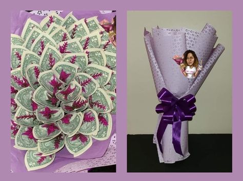 $50 Money Bouquet Bridal Shower Money Bouquet, Cash Bouquet Money Rose, Birthday Flowers Bouquet With Money, Money Flower Bouquet Purple, Money Bouquet 1000 Pesos, Money Flowers, Money Bouquet, Flower Images, Flowers Bouquet