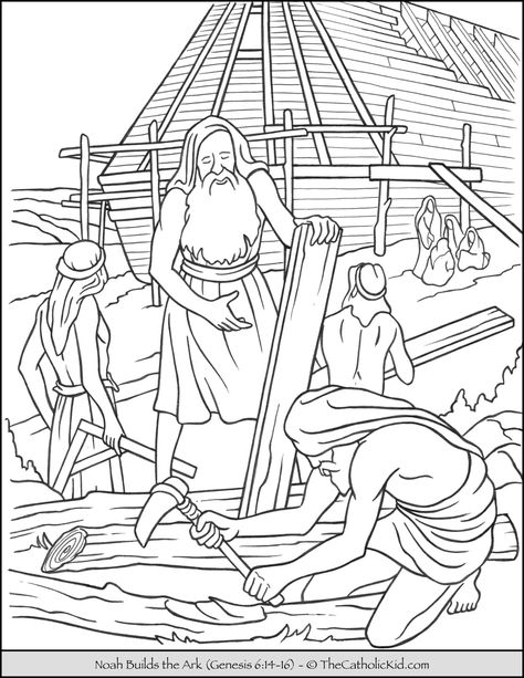 Noah Building The Ark Coloring Page - TheCatholicKid.com Noah's Ark Drawing, Biblical Drawings, Noah Building The Ark, Free Bible Coloring Pages, Bible Worksheets, Family Coloring Pages, Scripture Coloring, Rabbit Colors, Bible Coloring Pages