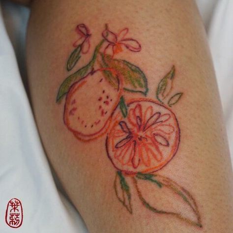 Fairytale Tattoos, Orange Tattoos, Smallish Tattoos, Plant Tattoos, Tat Inspiration, Henne Tattoo, Fruit Tattoo, Funky Tattoos, Handpoke Tattoo