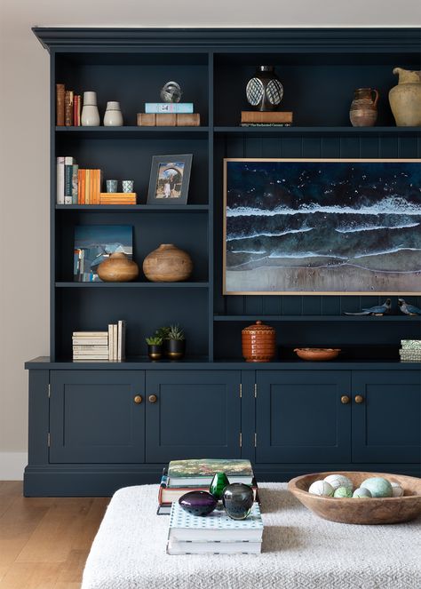 Cabinetry Living Room, Style A Bookcase, Blue Bookshelves, Styling A Bookcase, Moody Home Decor, Blue Bookcase, Blue Shelves, Oval Room Blue, Hague Blue