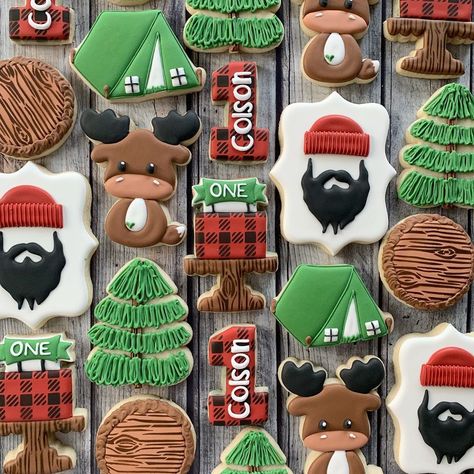 Camping Cookies, Lumberjack Birthday Party, First Birthday Cookies, Lumberjack Baby Shower, Lumberjack Birthday, Tree Cookies, Bear Cookies, Pretty Cookies, Bear Face