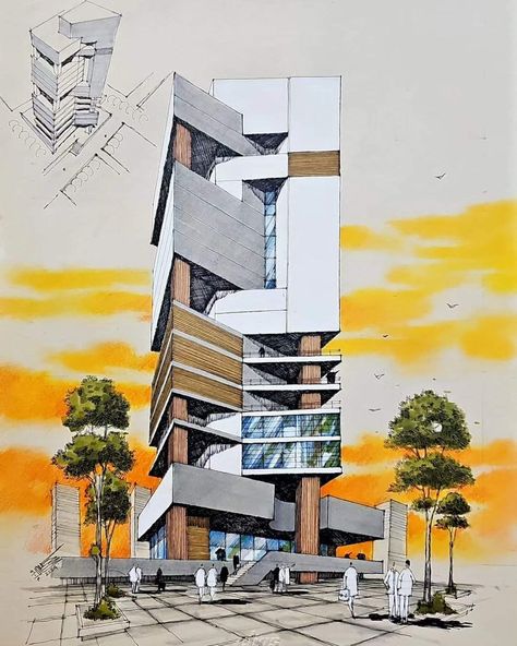 Apartment Concept Architecture, Exterior Perspective Rendering, Perspective Room, Architecture Design Process, Building Sketch, Building Images, Architecture Design Sketch, Architecture Design Drawing, Architecture Building Design