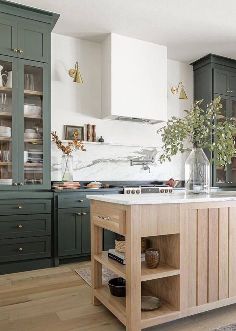 Green Kitchen Island, Sage Kitchen, Two Tone Kitchen Cabinets, Natural Wood Kitchen, Sage Green Kitchen, Green Kitchen Cabinets, Diy Backsplash, Green Cabinets, Kitchen Farmhouse