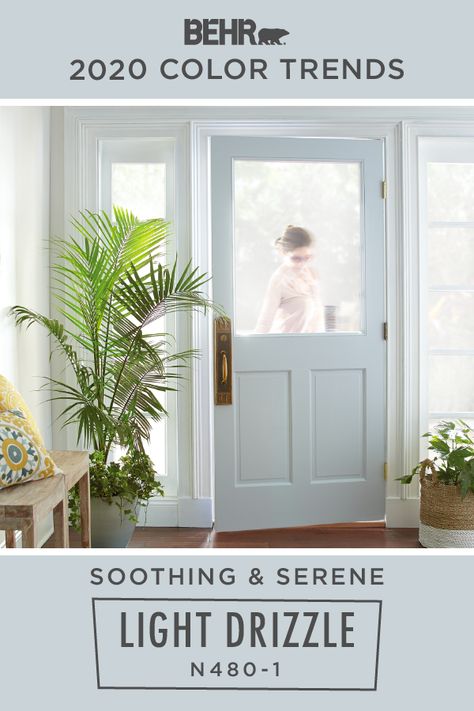 You’re sure to come home and smile when you see BEHR® Paint in Light Drizzle, from the 2020 Color Trends Palette, in your entryway. This soothing and serene shade of light blue creates a timeless look that’s perfect for adding a subtle pop of color to your interior design. Click below for more color details to learn more. Paint Color Trends, Light Blue Paints, Behr Paint Colors, Trending Paint Colors, Door Light, Behr Paint, Blue Paint Colors, Best Paint Colors, Room Paint Colors