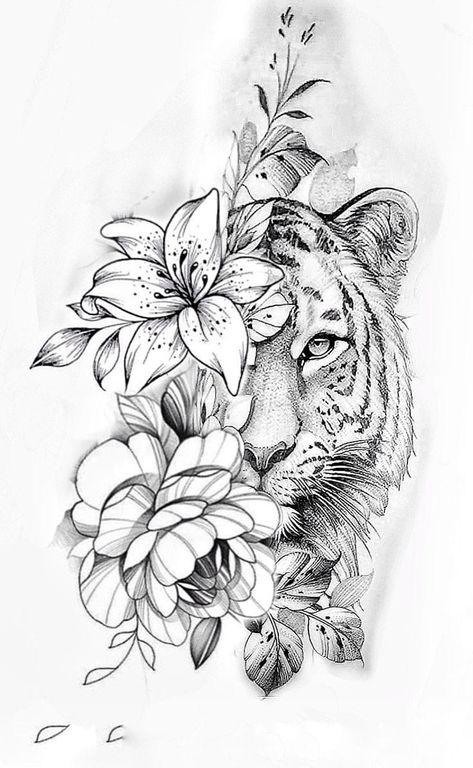 Lion With Lotus Flower Tattoo, Female Lion Sleeve Tattoo, Dragon With Flowers Tattoo Stencil, Half Tiger Half Flower Tattoo, Tiger And Flower Tattoo For Women, Tiger Flower Tattoo Design, Tiger Face Tattoo For Women, Panther With Flowers Tattoo, Tiger Floral Tattoo