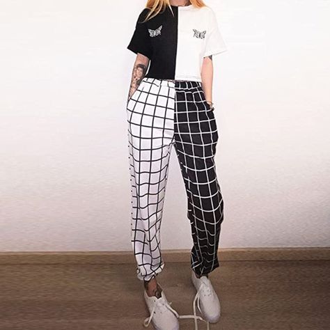 Women's Gothic Plaid Color Block Sweatpants Stretchy High Waist Tapered Elastic Waist Trousers With Pockets Egirl Pants, Preppy Aesthetic Outfits, Women Jogger Pants, Checkered Pants, Retro Streetwear, Spring Women, Moda Vintage, Plaid Fashion, Joggers Womens