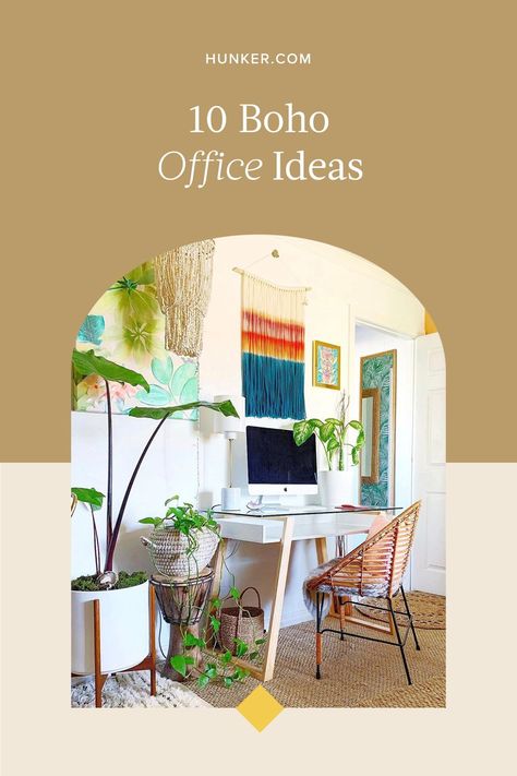 Not sure about you, but we'd happily work the day away in these 10 home offices brimming with bohemian decor. #hunkerhome #boho #bohooffice #bohoofficeideas #homeoffice Wallpaper Accent Wall Office, Boho Wallpaper Accent Wall, Boho Office Ideas, Accent Wall Office, Bohemian Office, Yellow Accent Walls, Boho Office, Wall Office, Cozy Office