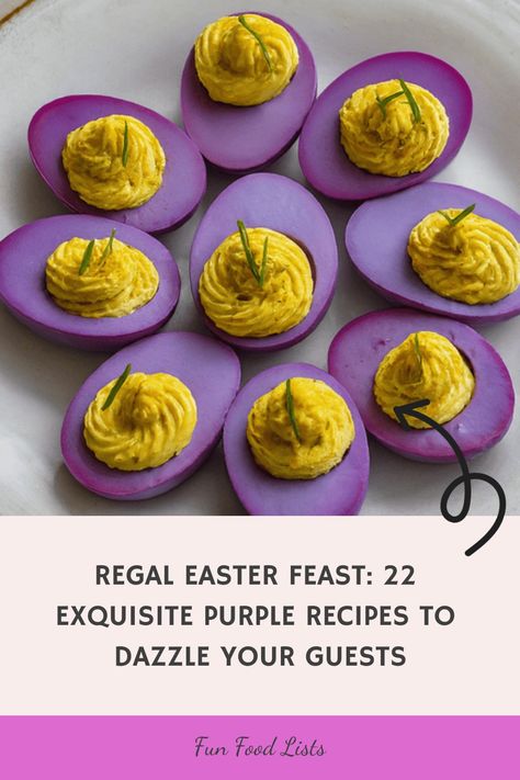 [object Object] Purple Deviled Eggs, Purple Party Foods, Easter Finger Food, Lavender Smoothie, Purple Recipes, Easter Potluck, Purple Velvet Cakes, Carrot Hummus, Easter Fun Food