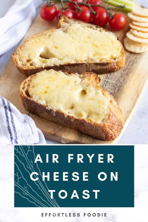 An easy air fryer cheese on toast recipe with melted oozy cheese & golden crispy bread for the ultimate cheesy snack! Air Fryer Cheese, Cheese On Toast, Toasted Crostini, Crispy Bread, Cheesy Snack, Cheese Bread Recipe, Crispy Cheese, Air Fried Food, Air Fryer Recipes Chicken