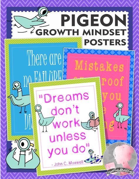 Welcome students and classroom guests with these bright, colorful Mo Willems' Pigeon themed Growth Mindset posters. This purchase includes multiple different files of ten different Growth Mindset posters in the theme. Step-by-step instructions for uploading these images to Vistaprint.com are provided; however, they can also be printed at other places like Office Depot and Staples. Mo Willems Activity, Elementary Physical Education, Growth Mindset Posters, Welcome Students, Elementary School Classroom, Mo Willems, Elementary Library, Class Theme, Author Studies