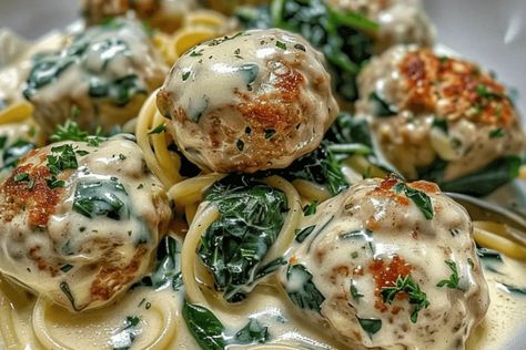 Chicken Ricotta Meatballs with Spinach Alfredo Sauce Recipe Chicken Ricotta Meatballs, Spinach Alfredo Sauce, Meatballs With Spinach, Healthy Delicious Dinner, Chicken Ricotta, Ricotta Meatballs, Spinach Alfredo, Alfredo Sauce Recipe, Pasta Lover