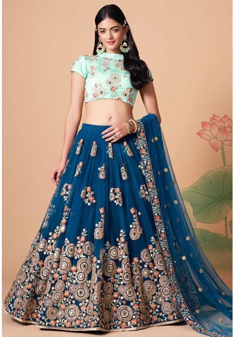 Cobalt Blue Embroidered Net Lehenga Choli New Lehenga Choli, Flared Lehenga, New Lehenga, Pakistani Lehenga, Lehenga Choli Designs, Embroidery Mirror, Mirror Work Lehenga, Lehenga Dupatta, Mirror Work Blouse