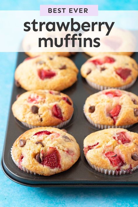 Fresh Strawberry Muffins Recipes, Muffin Strawberry, Strawberry Chocolate Chip Muffins, Fresh Strawberry Muffins, Strawberry Chocolate Chip, Strawberry Muffin Recipes, Fall Fun Food, Bakery Style Muffins, Fall Baking Recipes