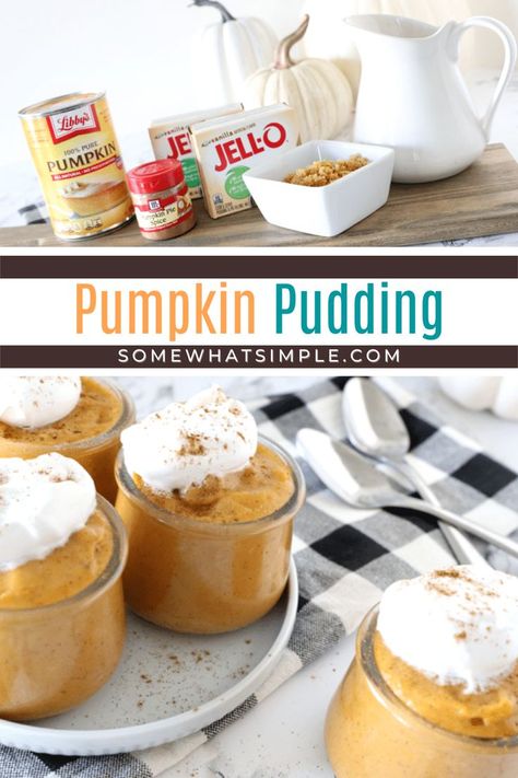 Amazing Pumpkin Pudding is creamy, sweet, and chilled to perfection! This simple recipe only takes 5 minutes to prepare and it tastes like pumpkin pie without the crust! Pumpkin Pudding Recipes, Pumpkin Parfait, Pumpkin Spice Treats, Thanksgiving Desserts Table, Pumpkin Bread Pudding, Pudding Parfait, Easy Puddings, Easy Holiday Desserts, No Bake Pumpkin Pie