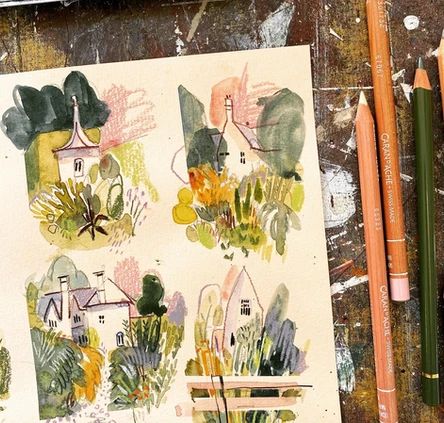 Sections of houses visible throughout the Cotswolds | Sketchbooks Watercolor Ink Illustration, Watercolor Landscape Illustration, Art Travel Journal, Travel Journal Art, Travel Sketchbook Ideas, Watercolor Art Journal Ideas, Illustrators Sketchbook, Watercolor Sketchbook Ideas, Ink And Watercolor Art