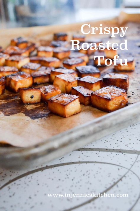 Crispy Roasted Tofu is healthier than frying, and a staple of my rice and quinoa bowls (but my kids love eating it as a snack straight from the oven, too). Get the recipe at In Jennie's Kitchen. Oven Roasted Tofu, Tofu Baked, Roasted Tofu, Quinoa Bowls, Vegan Tofu, Tofu Dishes, Seitan, Tofu Recipes, Meatless Meals