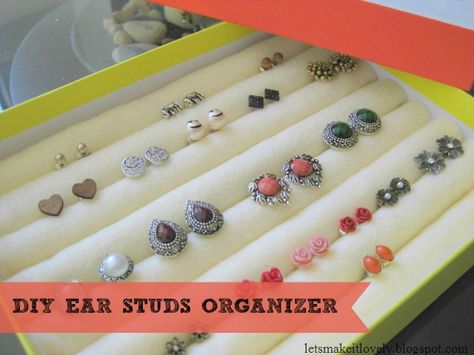 DIY Ear Studs Organizer—Made for less than $2.50!   |   Blog Post: "DIY Ear Studs Organizer Under $2.5 !" on May 31, 2014 by Roopini from Let's Make It Lovely Stud Earring Organization, Ear Rings Organizer Diy, Ear Ring Storage Diy, How To Organize Stud Earrings, Earring Organizer Ideas, Earring Organizer Diy, Stud Organizer, Earing Organizer, Organize Earrings