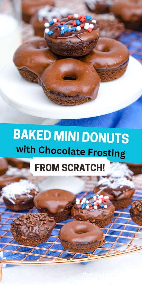 Mini chocolate donuts topped with a chocolate glaze. Nostalgia Mini Donut Maker Recipes, Donut Recipe For Mini Donut Maker, Mini Donut Recipe, Mini Donut Maker Recipes, Donut Maker Recipes, Chocolate Donuts Baked, Mini Donut Recipes, Baked Doughnut Recipes, Donut Ideas