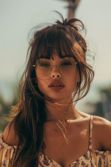 Woman with long hair and glasses stands outside, wearing a floral off-the-shoulder top, with wind blowing her hair. Haircuts Long Hair, Summer Hair Ideas, Haircuts Long, Shoulder Length Layered, Morning Hair, Simple Summer Style, Summer Haircuts, Simple Ponytails, Tousled Waves