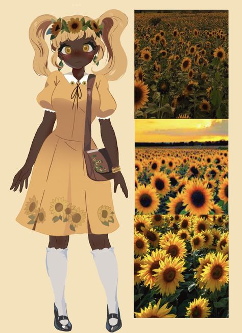 Sunflower Dress Drawing, Sunflower Character Design, Sunflower Outfit Aesthetic, Sunflower Character, Sunflower Outfit, Fest Ideas, Sunflower Girl, Hijab Drawing, Sun Aesthetic