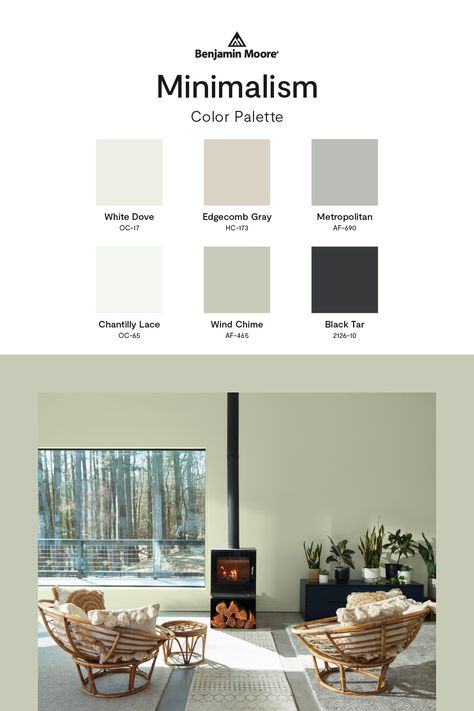 Use these paint colors and design ideas to imbue restorative, minimalist design into your space. Benjamin Moore Home Color Schemes, Minimalist Paint Colors, Color Palette Benjamin Moore, Mountain Apartment, Neutral Kitchen Colors, Black Paint Color, Interior Colors, Dining Room Spaces, Neutral Paint Colors