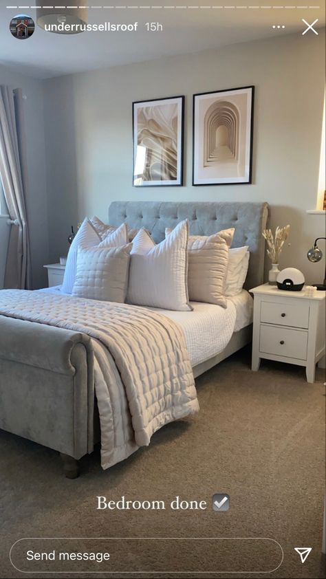 Light Grey White Bedroom, Grey Bed Frame Comforter Ideas, Gray Bed Frame Bedroom Ideas, Light Gray Bedding, Light Grey Bedding, Grey And White Bedding, Grey Bed Frame, Bed Headboard Design, White Bed Frame