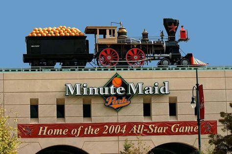 Minute Maid Park, home of the Houston Astros, has a retro-style train that makes its way along the top of the stadium walls. Minute Maid Park Houston, Craig Biggio, Jeff Bagwell, Texas Baseball, Mlb Stadiums, Houston Astros Baseball, Minute Maid Park, Astros Baseball, Minute Maid