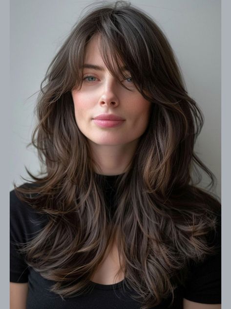 Find quality wigs from here, buy 18" Monofilament Layered Long Black Wig Human Hair, you will love it. V Cut With Curtain Bangs, Locks With Bangs, Long Hair With Bangs And Layers, Layer Panjang, Haircuts For Long Hair With Bangs, Long Hairstyles With Layers, Long Layered Hair With Bangs, Hairstyles With Layers, Haircuts For Long Hair With Layers