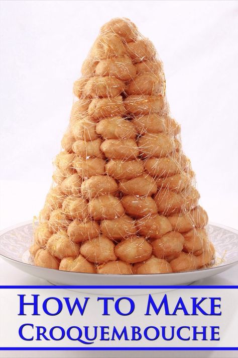 A tall croquembouche tower with spun sugar around it. Cream Puff Tower, Croquembouche Recipe, Cream Puff Dough, Fancy Desserts Recipes, Cream Puff Recipe, French Cream, Choux Pastry, Cream Puff, French Desserts